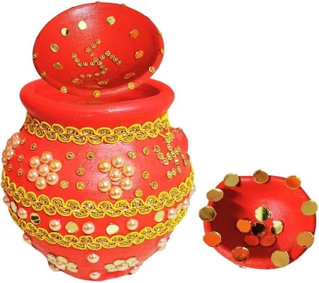 Laxmi Air Inflatable Karwa Chauth Handmade Mitti Clay Karwa |-1 Kalash - 1 Diya Earthenware Kalash